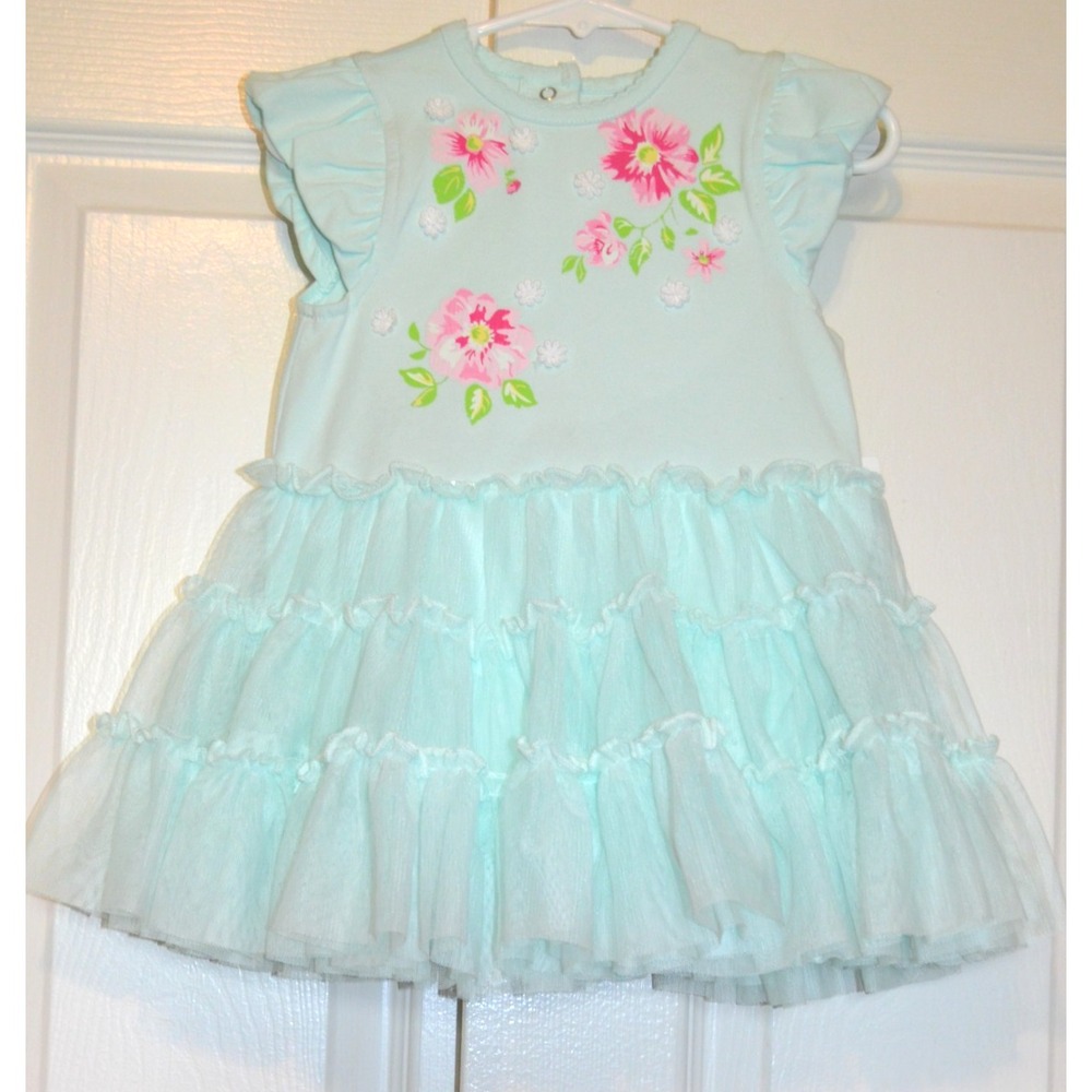 Little Me Baby Girls' Dress 18M Green w/ Pink Flowers Tiered Skirt Snap Closure